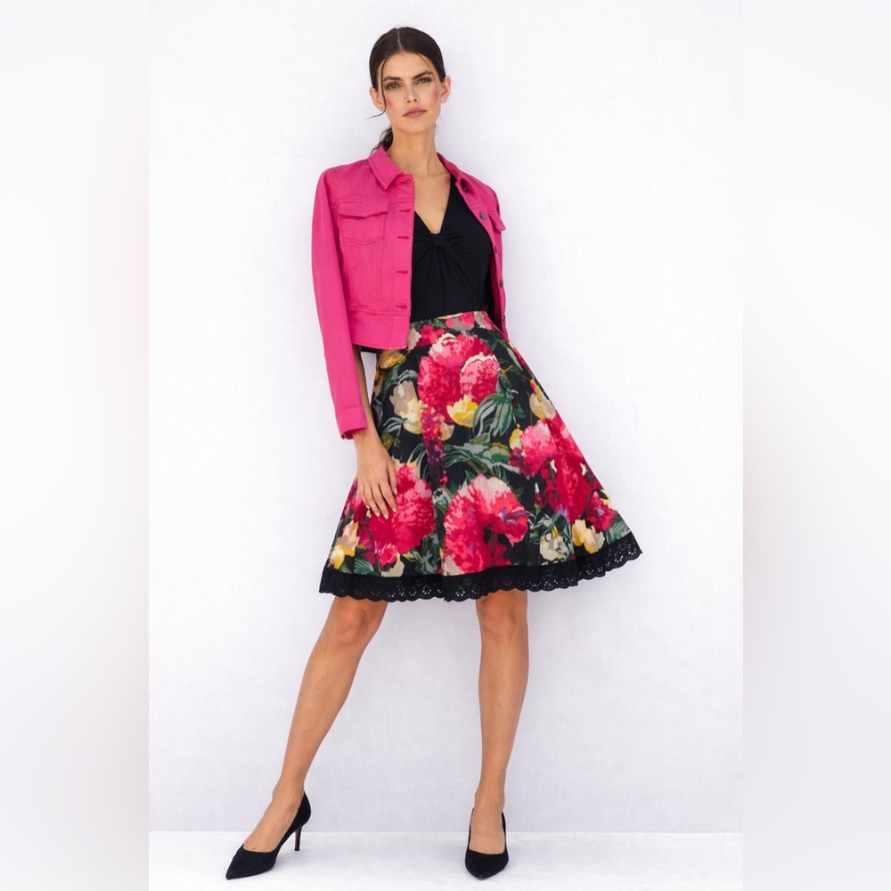 Floral A-Line Skirt with Black Lace Trim - Pink & Black